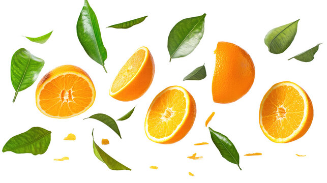 set of oranges with half slice and green leaves isolated on transparent white background, clipping path
