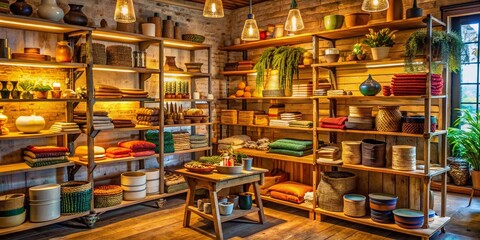 Warmly lit small business shop interior featuring stacked shelves, vibrant colors, and rustic textures, evoking a sense of pride and community entrepreneurship.