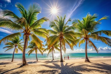 Sunny beach scenery with palm trees swaying gently in the breeze, warm sand, and clear blue sky, perfect for a happy family's summer vacation.