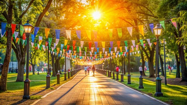 Colorful bokeh lights surround an empty pedestrian path lined with charity event banners and health awareness signs on a sunny World Health Day morning.