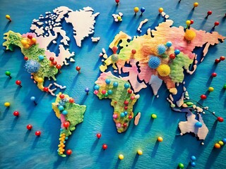 A colorful global map with scattered pins highlighting numerous vaccination sites, symbolizing international health initiatives and collaborative efforts to combat diseases worldwide.