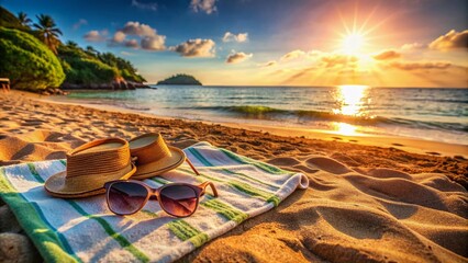 Obraz premium Warm sunlight casts a golden glow on a secluded beach, where a scattered beach towel, sunglasses, and sandals evoke joyful memories of friends' carefree laughter.
