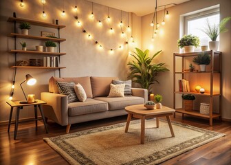 Fototapeta premium Cozy therapy room setup with a vacant couch, warm lighting, and calming decor, conveying a sense of comfort and trust, ideal for mental health discussions.