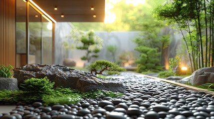 3d render of a beautiful terrace with stone floor and green plants zoom office background
