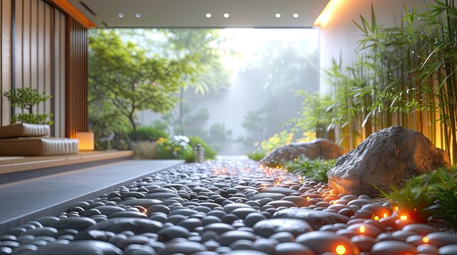3d render of zen stone floor with light in the garden zoom office background