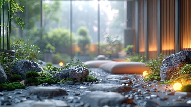3D rendering of a botanical garden with plants and stones. zoom office background