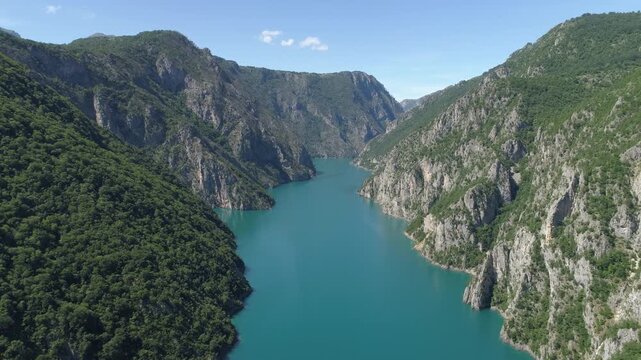 Aerial view of famous Piva Canyon with its fantastic reservoir