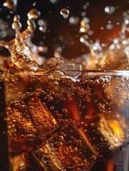 Energetic Close up of Pouring and Splashing Fizzy Soda Beverage in Glass