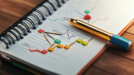 Close-up of a notebook with colorful charts and a gold pen, ideal for finance, analysis, or data visualization themes.