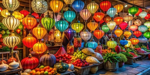 Vibrant Asian market scene featuring colorful lanterns, exotic fruits, and traditional crafts, capturing the essence of solo travel and cultural immersion in a bustling foreign land.