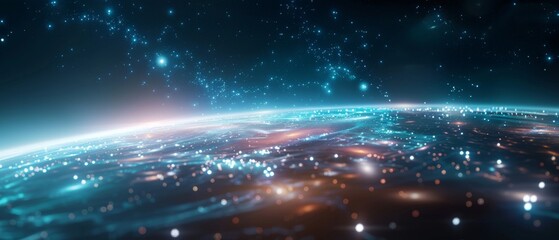 Obraz premium A captivating view of Earth from space, illuminated by vibrant lights and stars, showcasing the beauty of our planet in the cosmos.