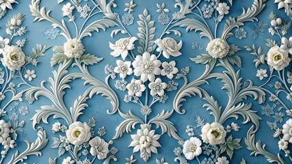 Blue and white stucco wallpaper with white modern flowers and beautiful elements