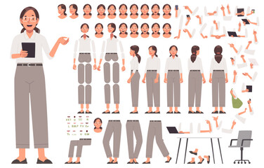 Business woman constructor. Set of different poses of arms and legs, head and body positions for animation and creating your own character options