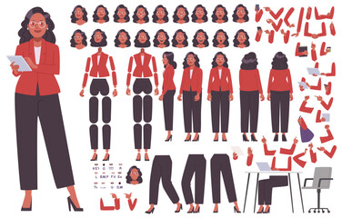 Businesswoman constructor. Set of different positions of hands, legs, head for animation of a business lady character. DIY kit