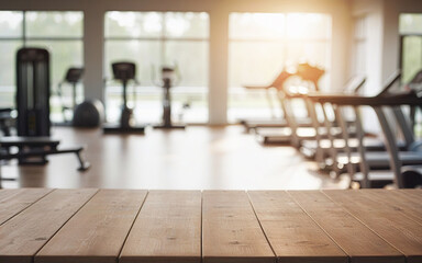 empty wooden table and gym background interior