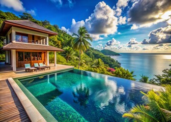Obraz premium Luxurious seaside villa with infinity pool surrounded by lush tropical greenery and overlooking the crystal-clear turquoise ocean water under bright blue sky.
