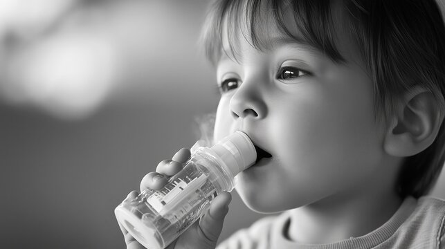 A young child is using an inhaler to assist with breathing