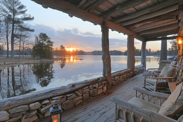 Sunset View from a Rustic Cabin Porch