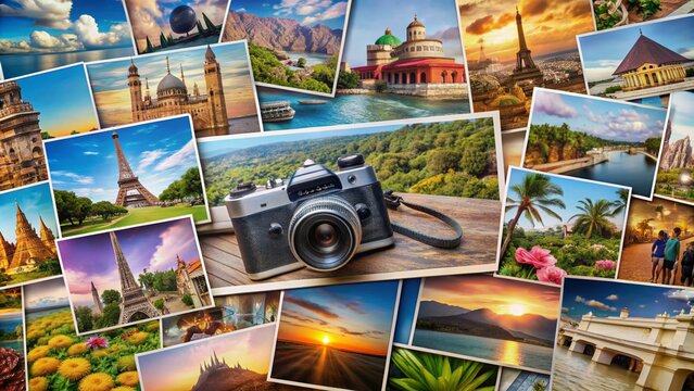 Colorful arrangement of travel memories featuring scenic landscapes, iconic landmarks, and exotic souvenirs surrounding a digital camera, capturing the essence of adventure and exploration.