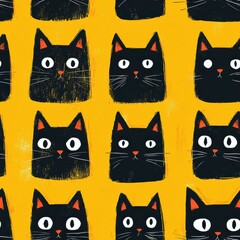 Scandinavian pattern minimalist of cat face, on yellow backdrop, seamless repeating pattern