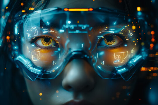 Metaverse technology concept. Woman wearing vr goggles headset connecting online internet of things.