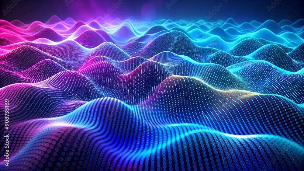 Poster blue purple wave line light gradient dark background. digital backdrop of enormous data and abstract