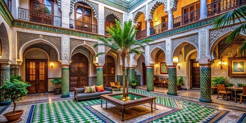 Obraz premium Vibrant tiles and intricate carvings adorn a serene Moroccan riad, exuding opulent Arabian elegance and warm hospitality, inviting visitors to immerse in traditional cultural splendor.