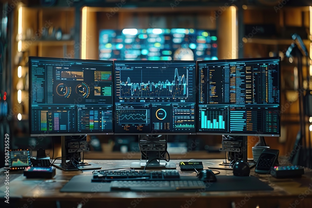 Poster three computer monitors displaying financial data graphs and numerical figures