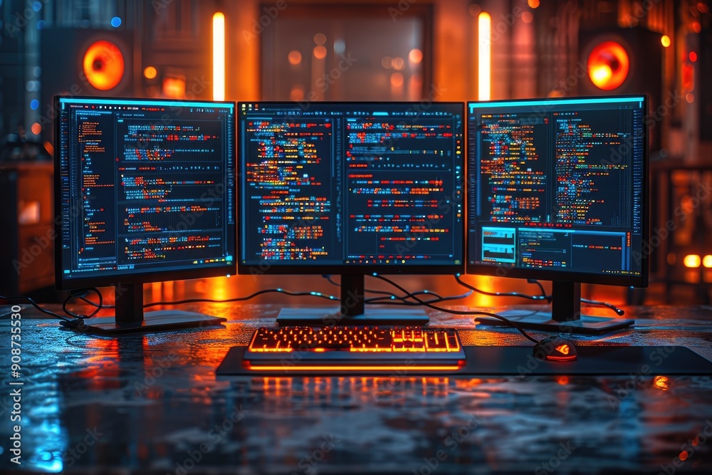 Poster three computer monitors displaying code in a dark room