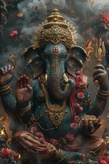 Fototapeta premium Ganesha Hindu Deity Surrounded by Smoke and Flowers