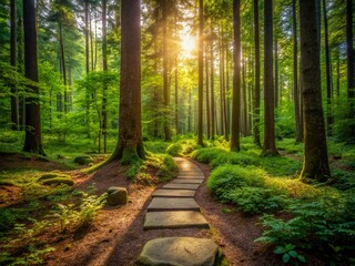 Fototapeta premium A serene forest trailhead beckons, where a single stepping stone invites exploration, surrounded by lush greenery and towering trees, symbolizing new beginnings and limitless possibilities.