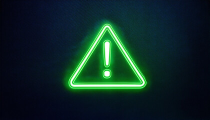 Glowing neon green triangle sign, exclamation point on dark. Warning indicator. Alert signal.
