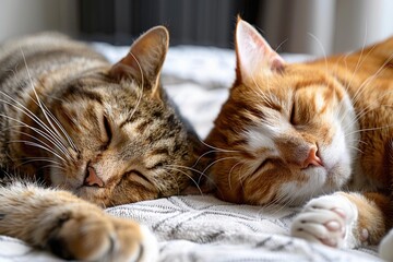 Two Cats Sleeping Close Together on a Blanket