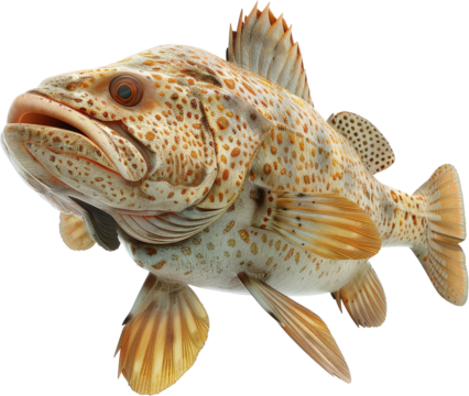 Close-up of a spotted fish with large, open mouth. The fish is facing left, with a light yellow and brown color scheme.