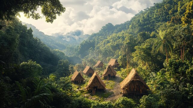 A tranquil village of traditional huts nestled in the mountains surrounded by dense foliage and a misty atmosphere