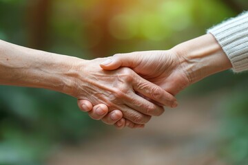 Two Hands Clasped Together in a Handshake, Blurred Green Background