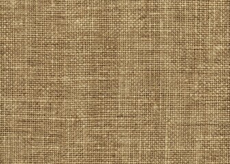 Rough, hand-woven, dark beige brown linen burlap background features a tileable, nubby, heavy boucle surface pattern with a marble-like texture in a vintage aesthetic.