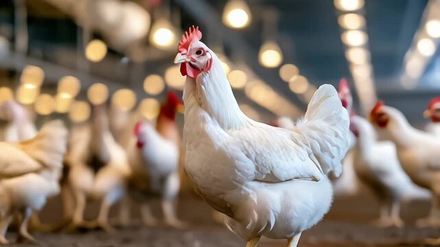 White rooster broiler with a red comb in agriculture and animal farming
