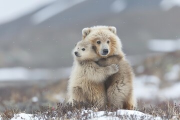 Obraz premium Two White Bear Cubs Embracing in Snowy Landscape