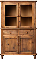Vintage wooden cabinet with glass doors and spacious storage, perfect for kitchen or dining room, rustic charm.