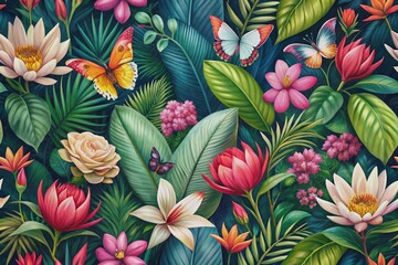Vibrant tropical floral seamless pattern featuring plumeria, protea, and hibiscus bouquets, glasswinged butterflies, exotic leaves, and fresh foliage in hand-drawn vintage 3D illustration style.