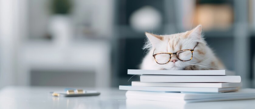 A cozy cat wearing glasses rests on a stack of books, embodying relaxation and curiosity in a serene home environment.