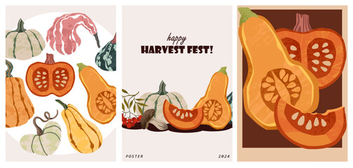 Autumn harvest festival posters with pumpkins and mushrooms . Farmers autumn market covers for invitations, social media marketing, greetings, brochure.