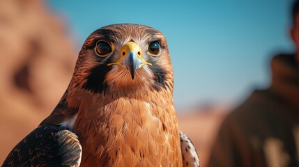 Falconer training a majestic falcon in a desert landscape, ancient art and wildlife connection, adventure voyage