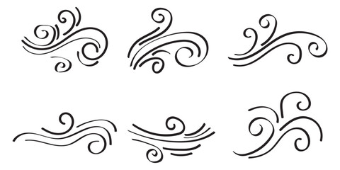 Blowing wind icon collection in black on a white background. Set of wind blow line icon. Black related to wind and waves