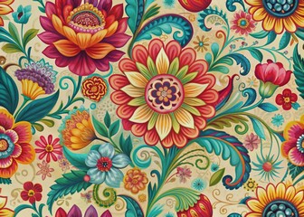 Vibrant abstract floral art seamless pattern in vintage style with contemporary flair, featuring intricate blooms and swirling shapes in bright hues.