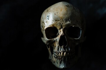 Human skull resting on black background with dramatic lighting