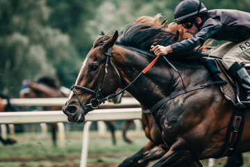 Obraz premium Pferderennen, Kopf-an-Kopf-Rennen von zwei Reitern