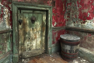 Weathered Wooden Doorway with a Barrel and Chipped Paint