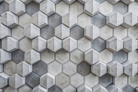 Abstract seamless white grey gray bright concrete cement stone tile wall featuring hexagonal geometric hexagon print texture background in high-resolution panoramic format.